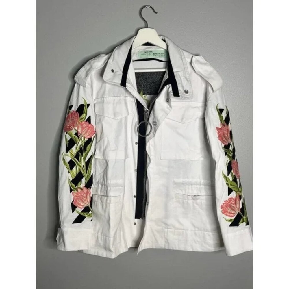 RARE Off-White Floral Rose Embroidered Military Style Jacket Size XS 2013